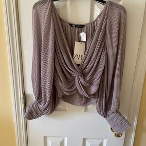 ZARA Pleated Crop Blouse XS 🌫️ Taupe Twist Front Balloon Sleeve Top